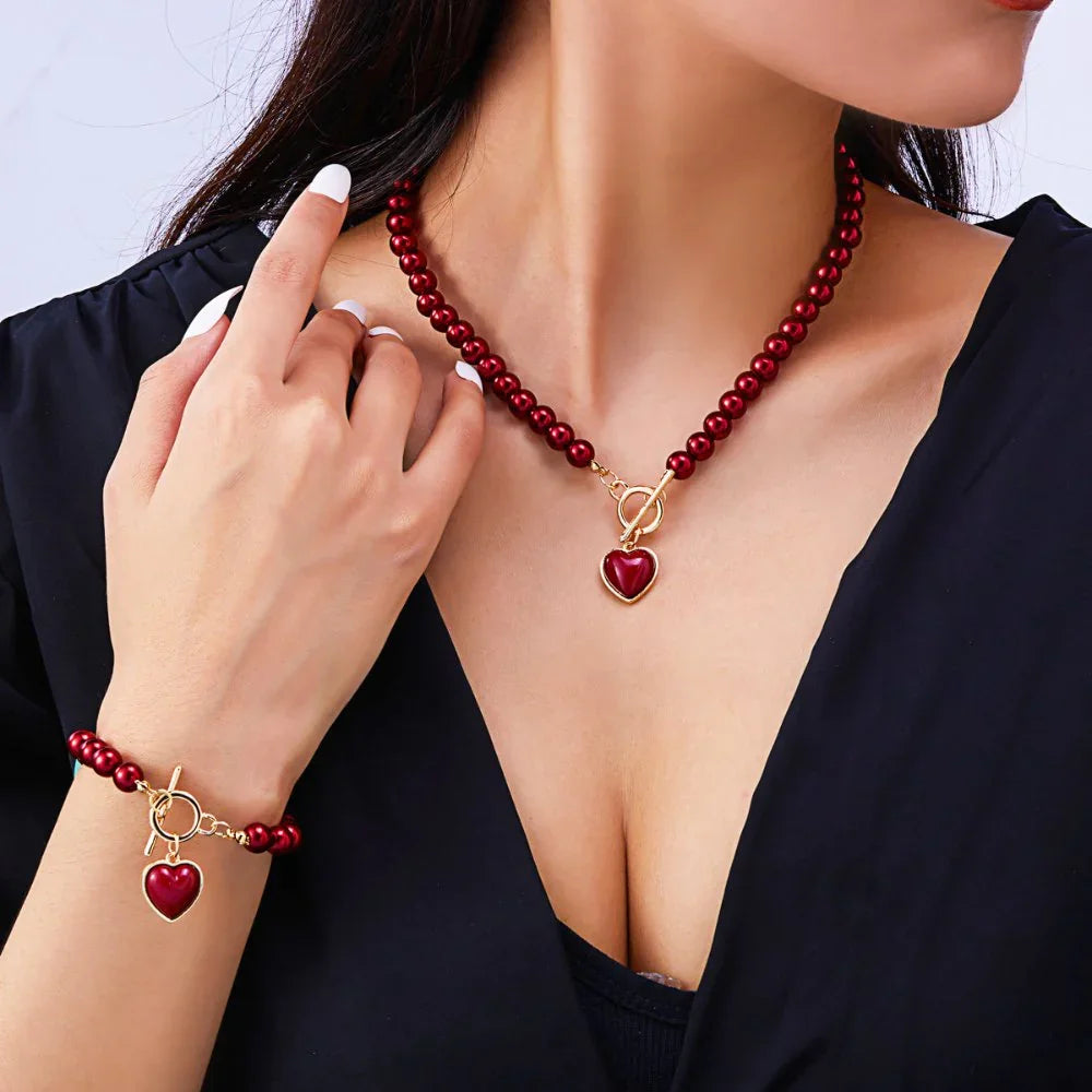 Beaded Heart Pendant Jewelry Set – Necklace & Bracelet