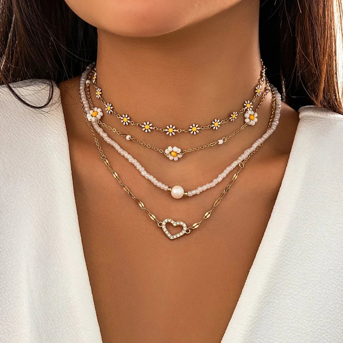 Boho Daisy Flower Necklace Set
