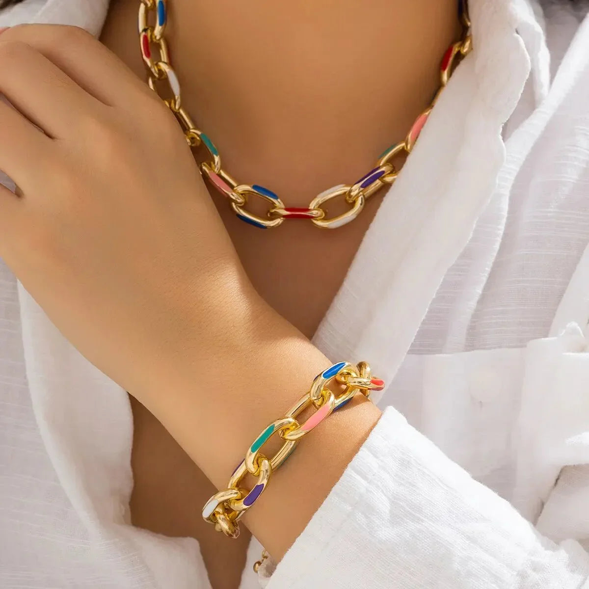 Bold Multicolor Chain Bracelet & Necklace Set