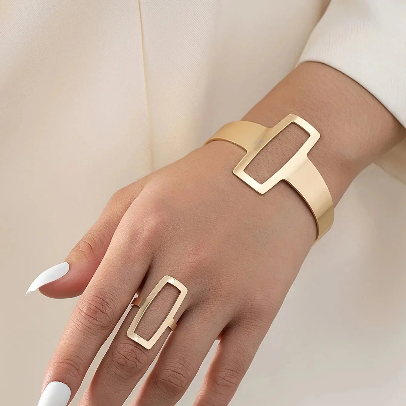 Sculpted Rectangle Duo – Adjustable Bracelet & Ring Set