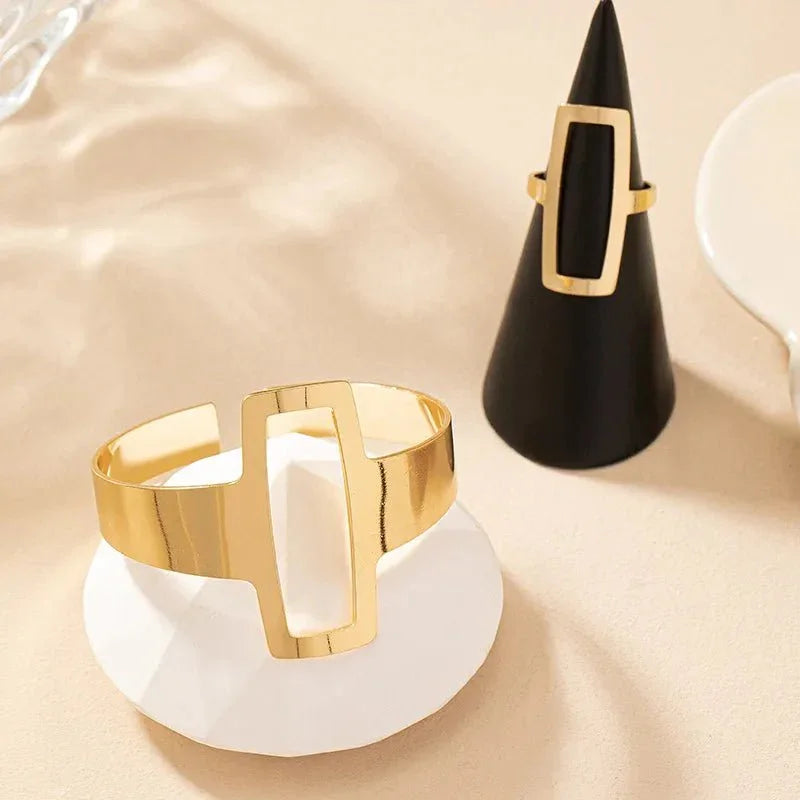 Sculpted Rectangle Duo – Adjustable Bracelet & Ring Set