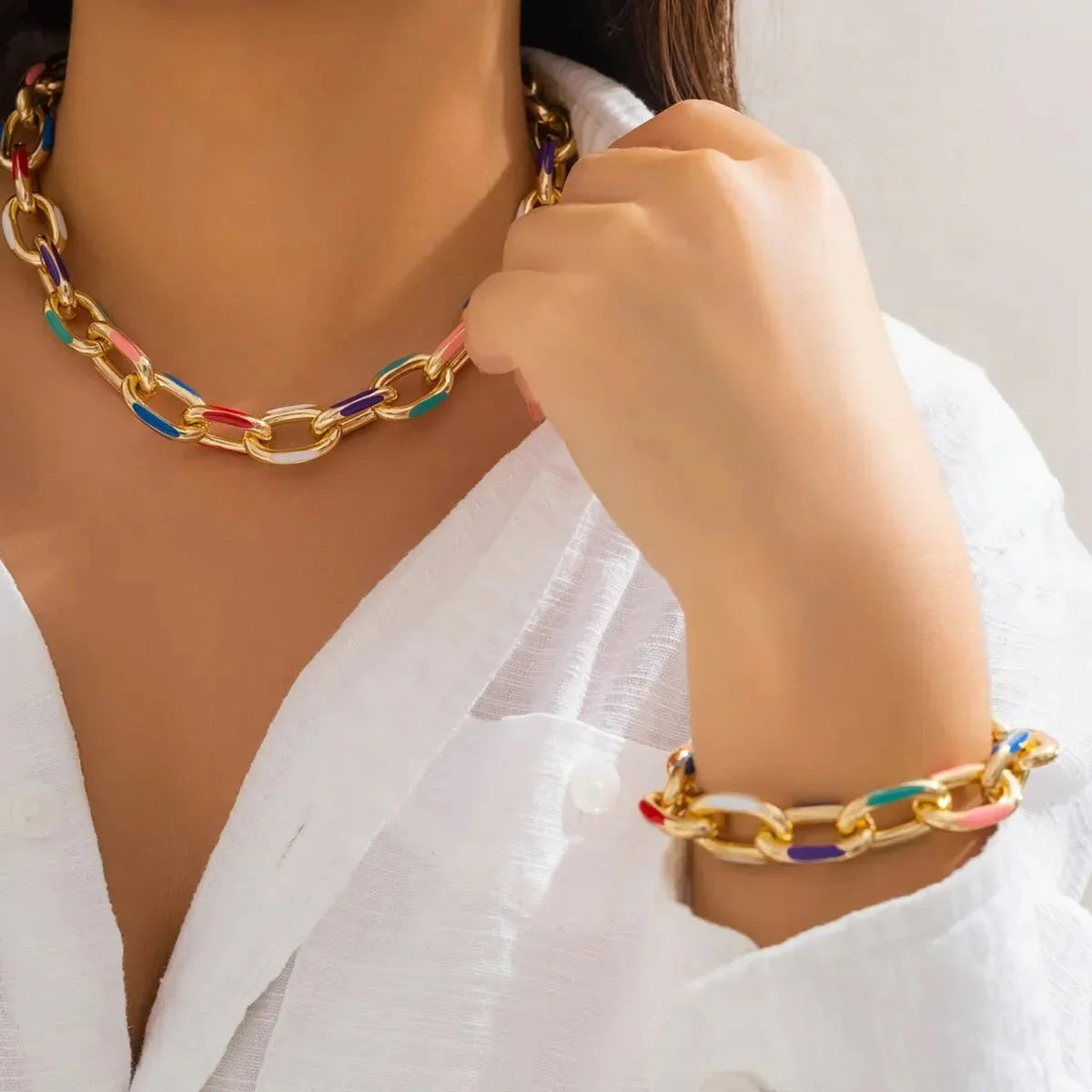 Bold Multicolor Chain Bracelet & Necklace Set
