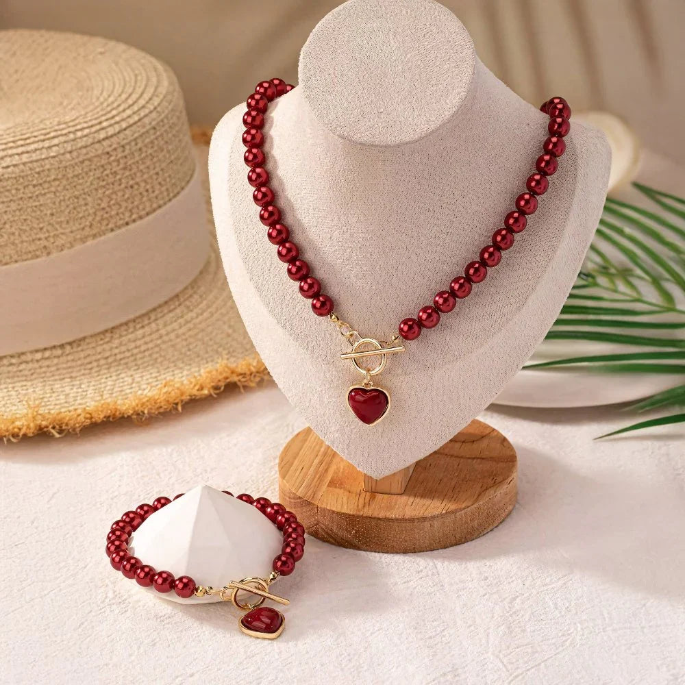 Beaded Heart Pendant Jewelry Set – Necklace & Bracelet
