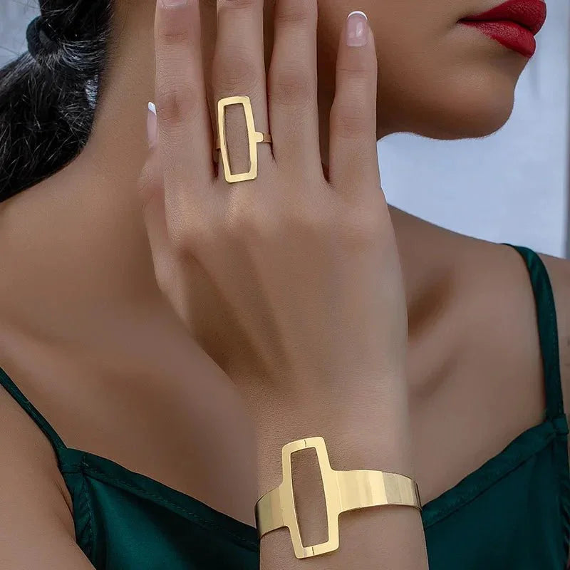 Sculpted Rectangle Duo – Adjustable Bracelet & Ring Set
