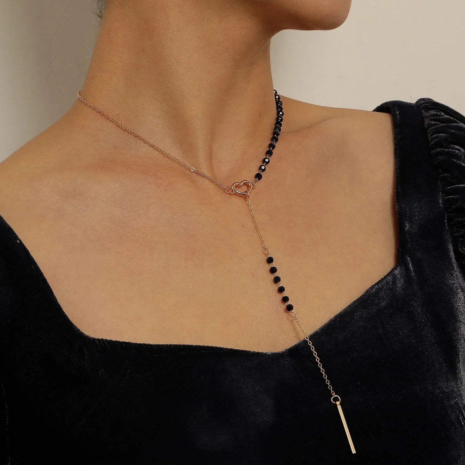 Dainty Black Beaded Heart Y-Necklace