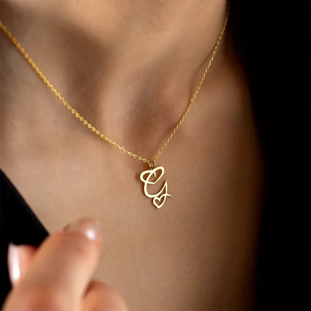 Gold Heart Letter Charm Necklace