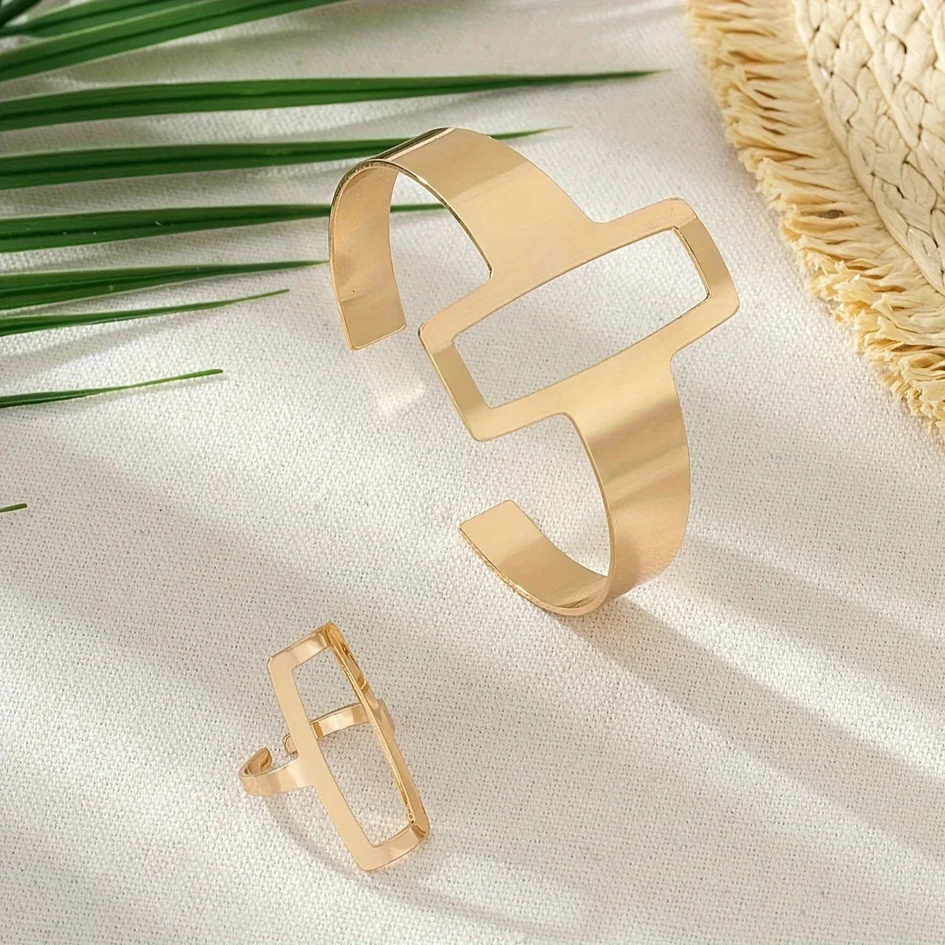 Sculpted Rectangle Duo – Adjustable Bracelet & Ring Set