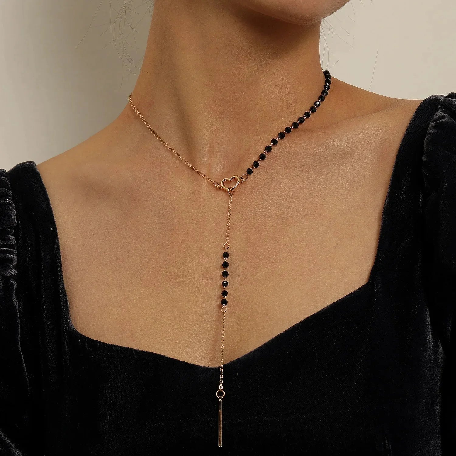 Dainty Black Beaded Heart Y-Necklace