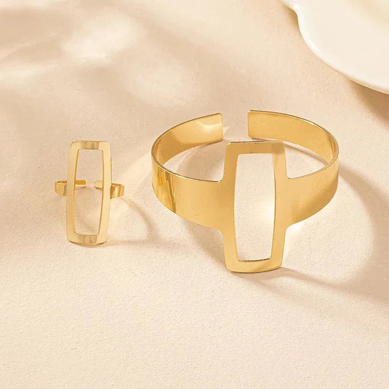 Sculpted Rectangle Duo – Adjustable Bracelet & Ring Set