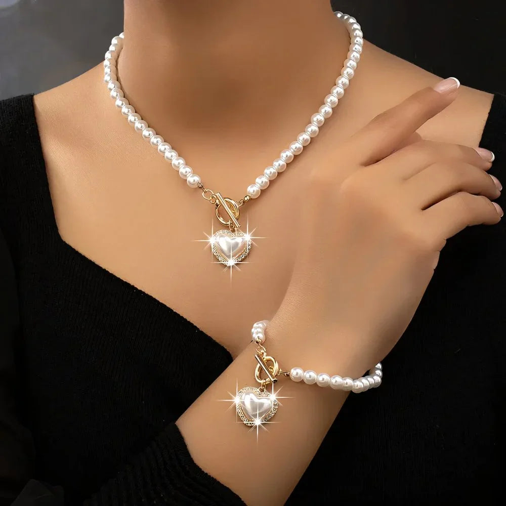 Beaded Heart Pendant Jewelry Set – Necklace & Bracelet