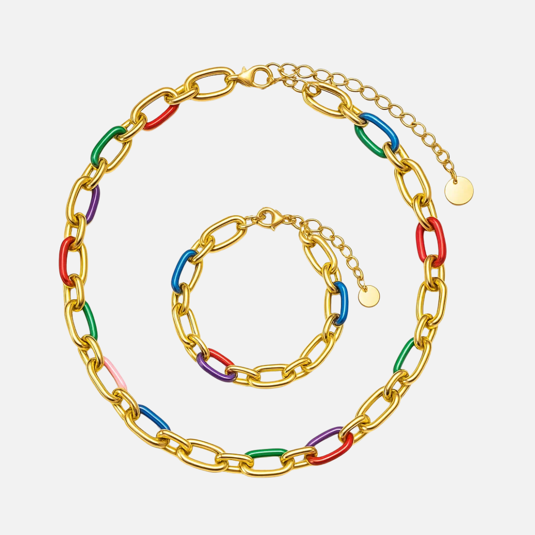 Bold Multicolor Chain Bracelet & Necklace Set