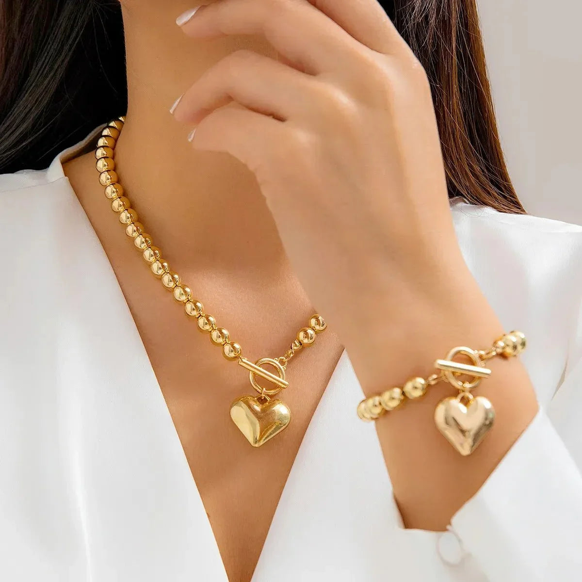 Beaded Heart Pendant Jewelry Set – Necklace & Bracelet