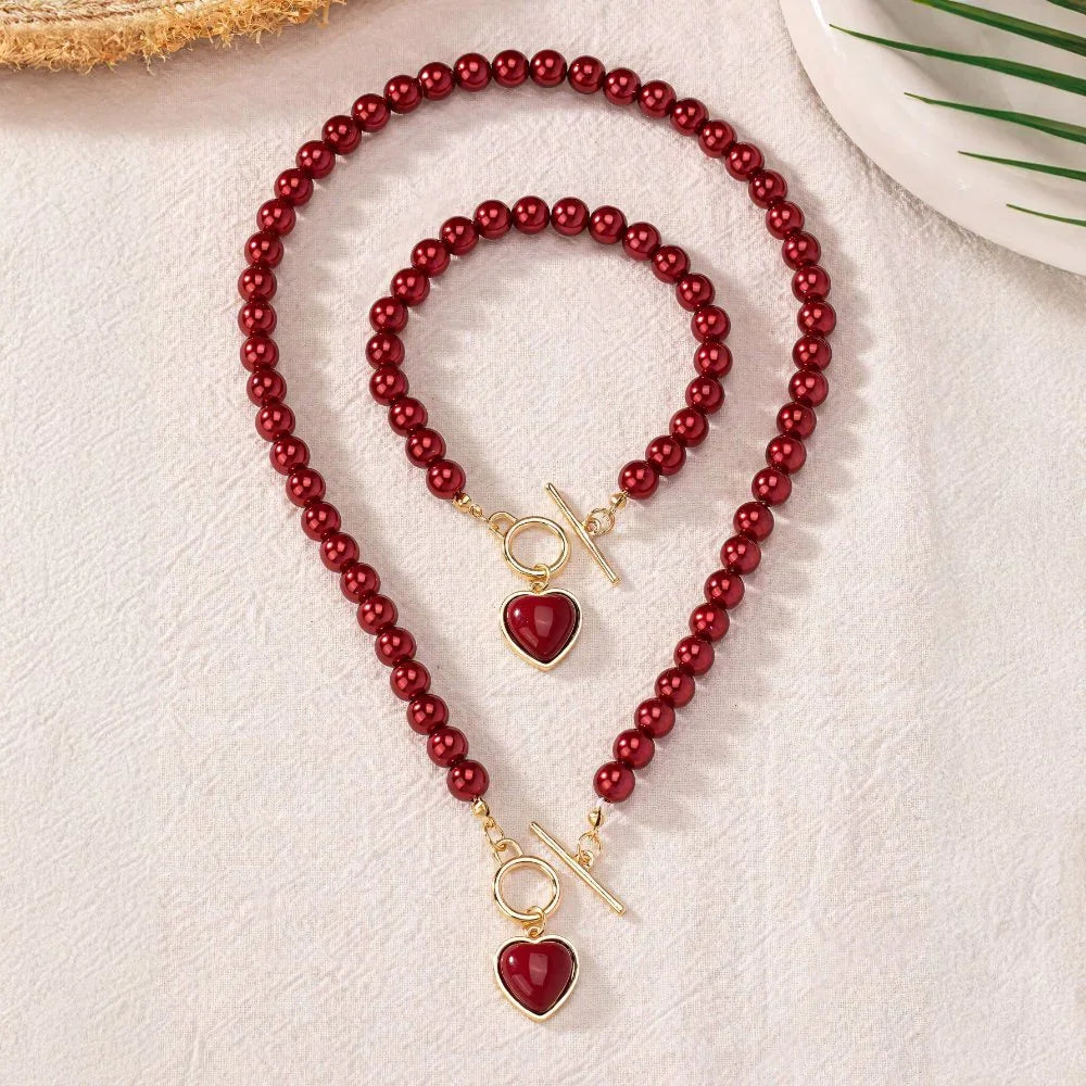Beaded Heart Pendant Jewelry Set – Necklace & Bracelet