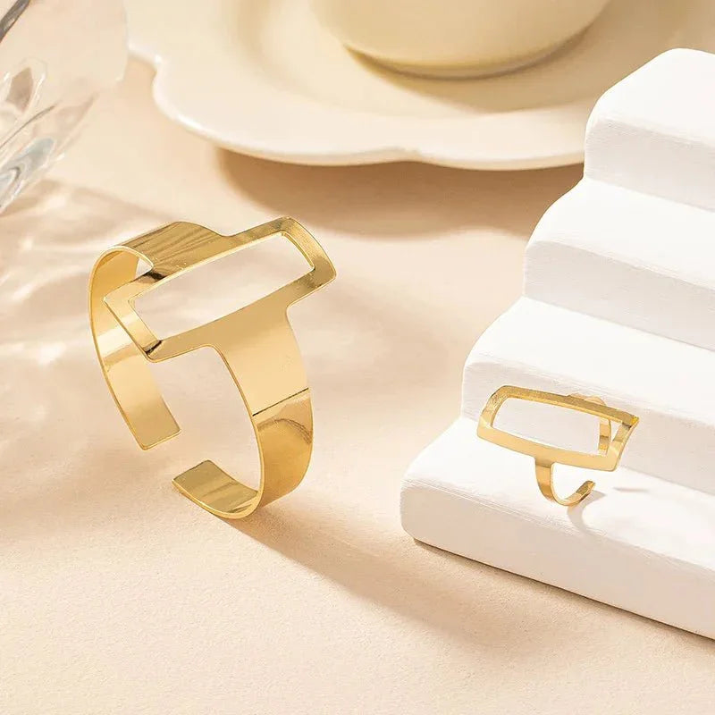 Sculpted Rectangle Duo – Adjustable Bracelet & Ring Set