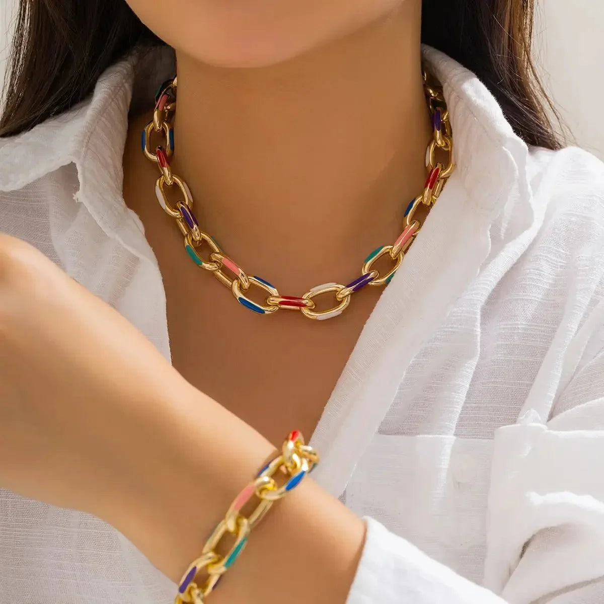 Bold Multicolor Chain Bracelet & Necklace Set