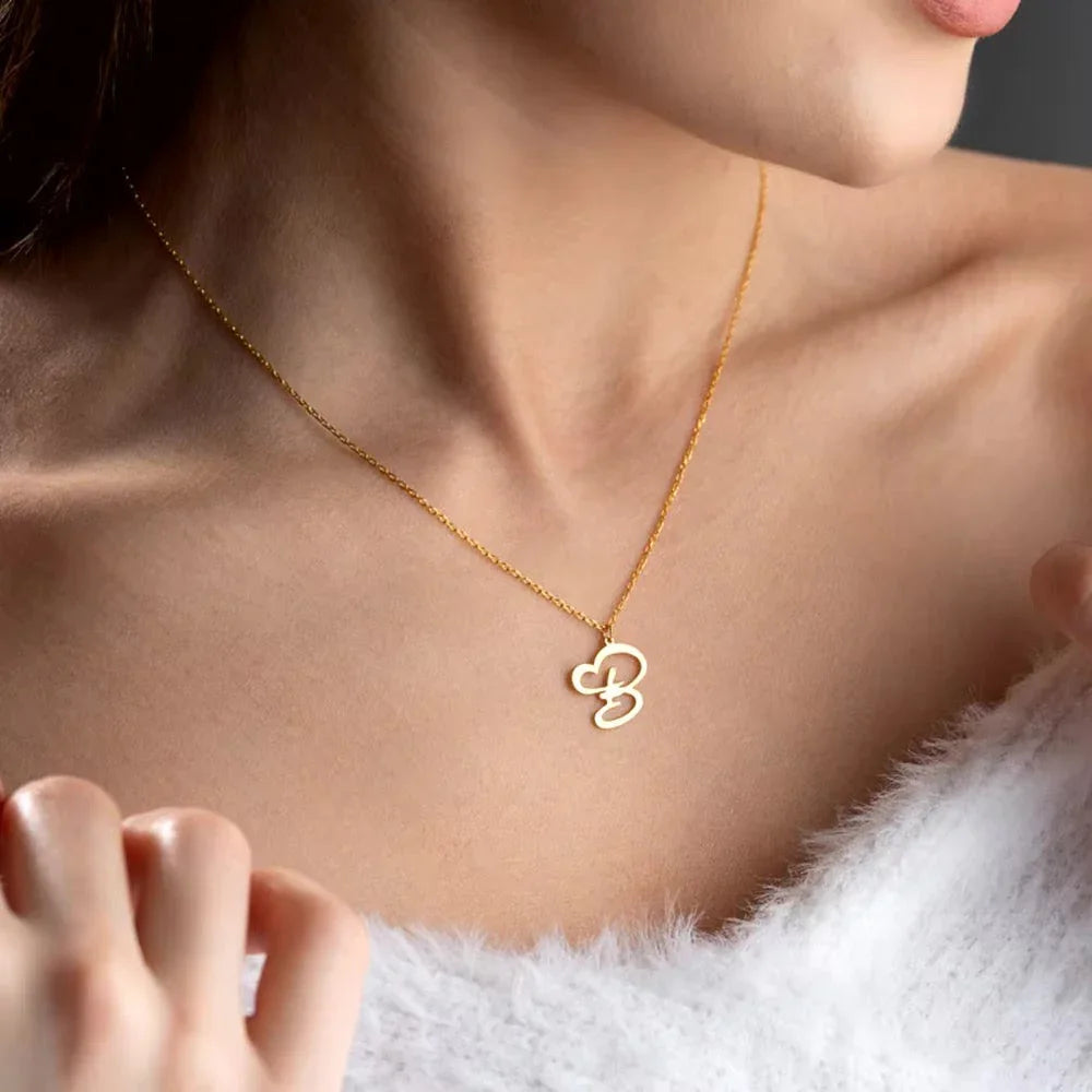 Gold Heart Letter Charm Necklace