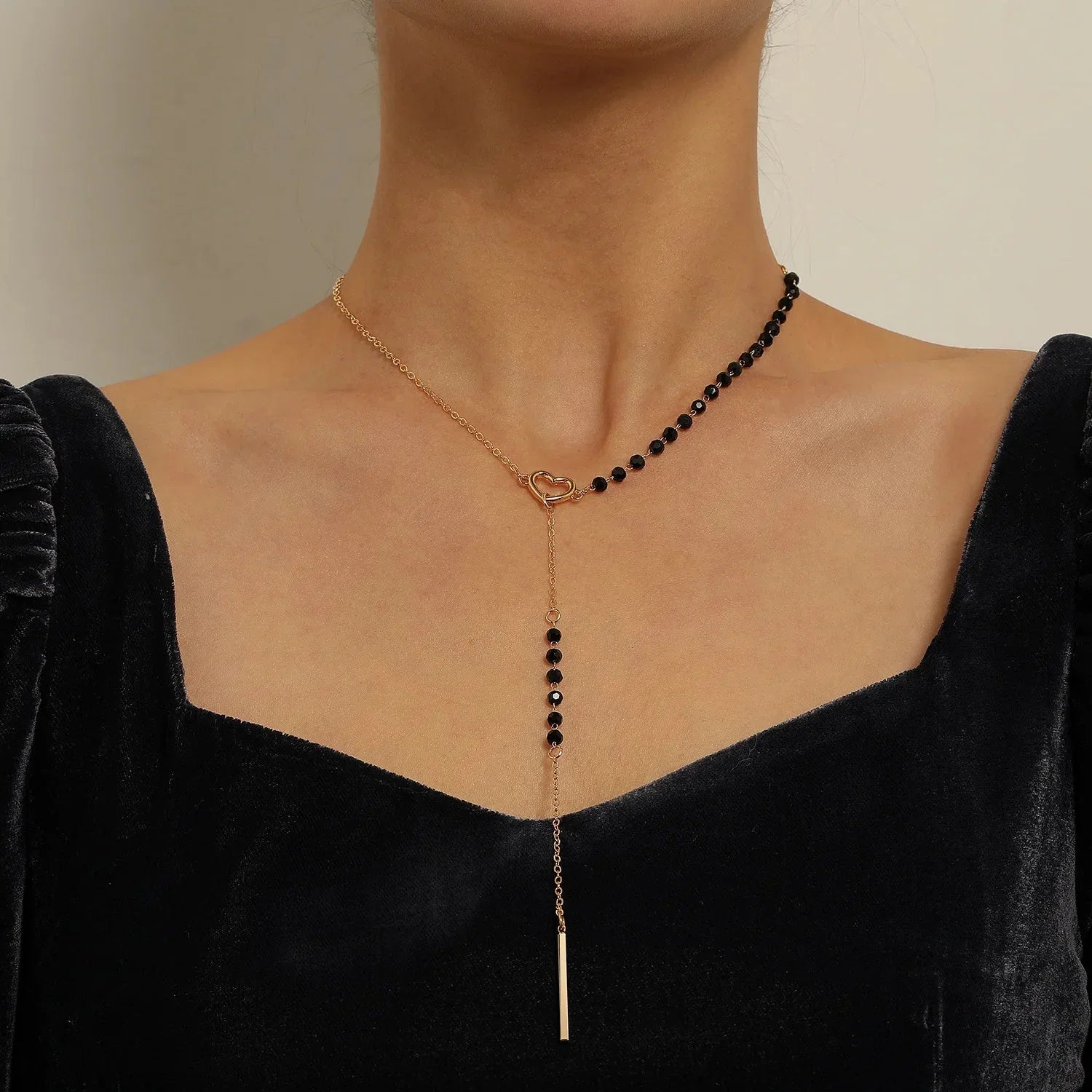 Dainty Black Beaded Heart Y-Necklace