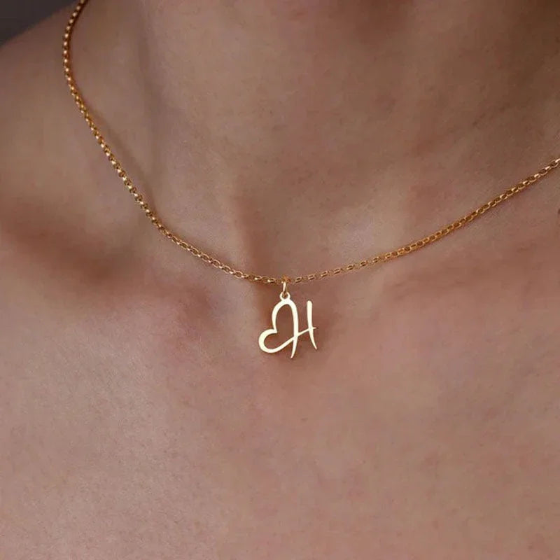 Gold Heart Letter Charm Necklace