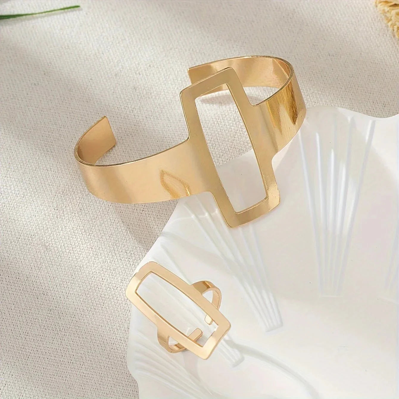Sculpted Rectangle Duo – Adjustable Bracelet & Ring Set