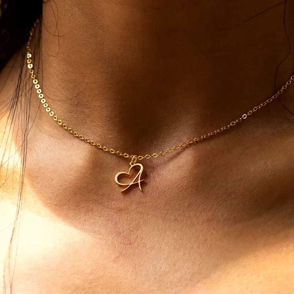 Gold Heart Letter Charm Necklace