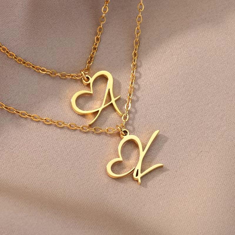 Gold Heart Letter Charm Necklace